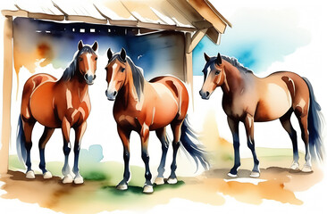 horses graze next to the stable and shelter. watercolor style