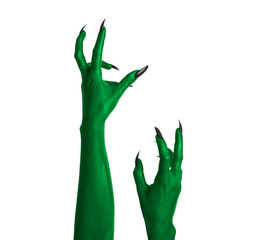 Creepy monster. Green hands with claws isolated on white