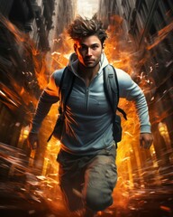Fototapeta na wymiar AI generated illustration of a person running through a maze of burning flames