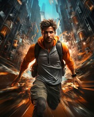 AI generated illustration of a man running in motion through a cityscape