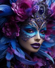 AI generated illustration of a gorgeous woman in vibrant makeup and feathery headwear