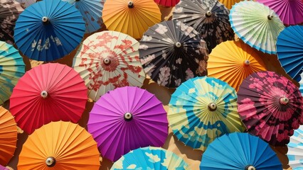 Vibrant array of umbrellas arranged in rows, creating a visually striking display. AI-generated.