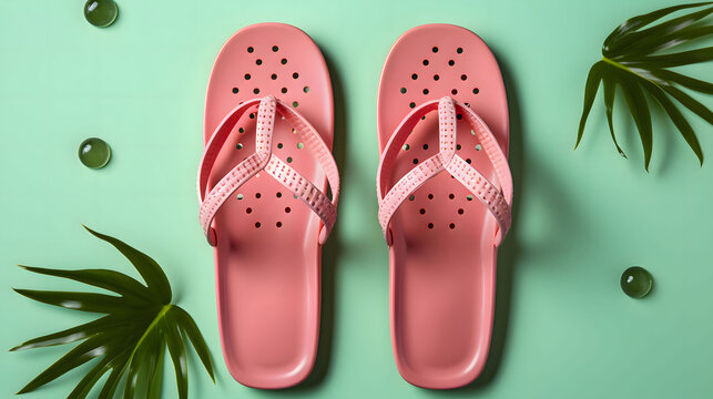 Pink flip flops isolated on green background. Top view