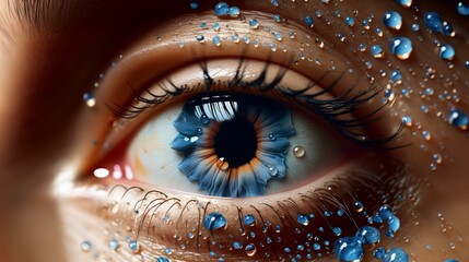 AI-generated illustration of a woman's eye with a few water droplets in the foreground - obrazy, fototapety, plakaty