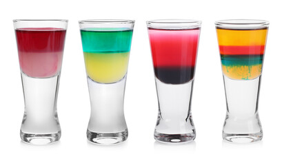 Different shooters in shot glasses isolated on white, set