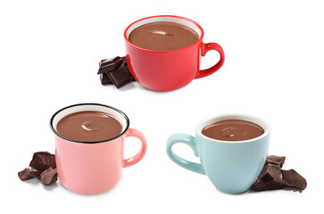 Delicious hot chocolate in cups isolated on white, set