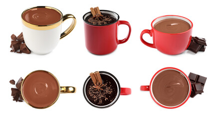 Delicious hot chocolate in cups isolated on white, top and side views