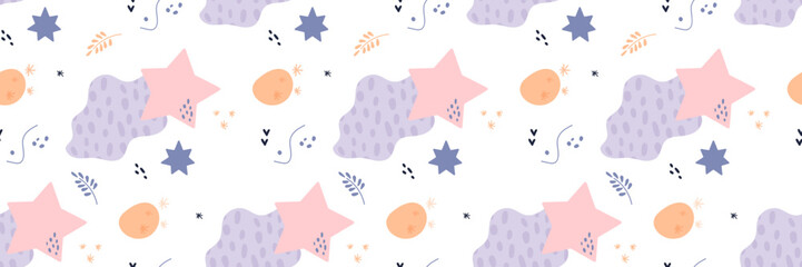 Bohemian baby pattern. Seamless baby pattern in boho style. Bohemian pattern for kids with organic shapes and stars on white background.
