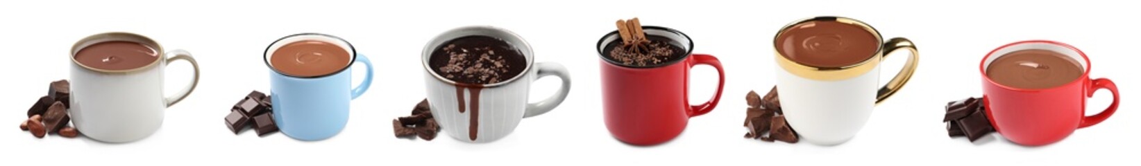 Delicious hot chocolate in cups isolated on white, set