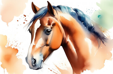close-up portrait of a bay horse with a white blaze. watercolor style