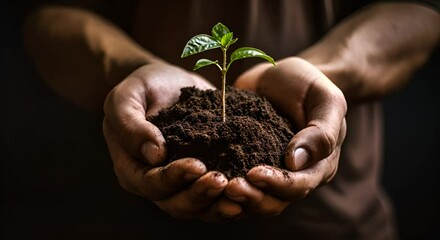 Close up of man hands holding young green plant with soil on black background