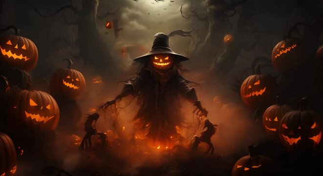 Halloween background with scary pumpkins and witch in the dark forest