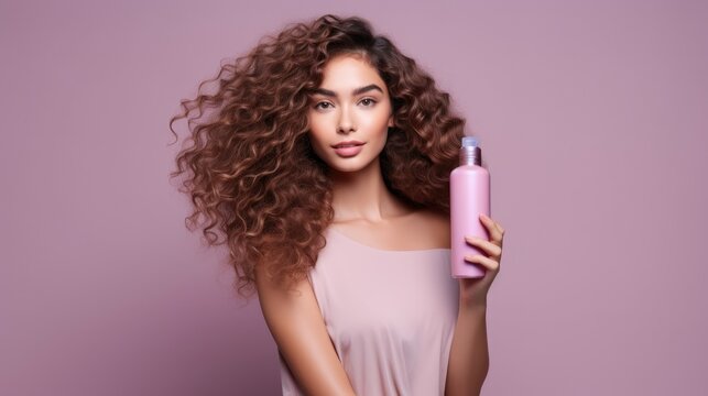 Woman Presenting Beauty Product. A radiant young woman with voluminous curls confidently presents a bottle of beauty product, her friendly smile suggesting satisfaction and trust in the brand