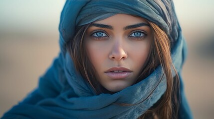 AI generated illustration of a young female with long dark hair wearing a blue headscarf