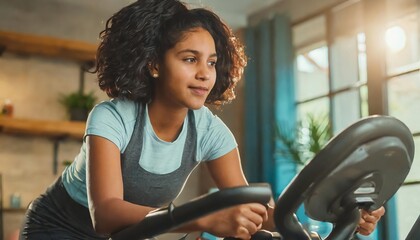  Woman on stationary exercise bike at home