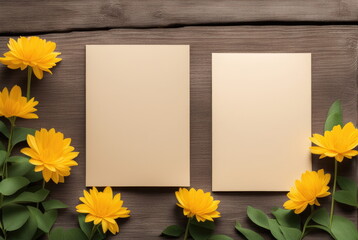 Yellow flowers and note on wooden background