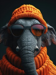 Elephant Wearing Sunglasses and Knitted Hat