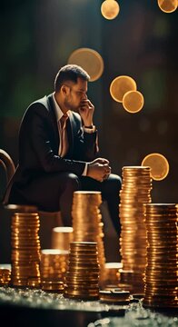 Businessman sitting on stack of coins with blur background