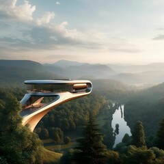 AI generated illustration of a long narrow futuristic sleek lookout station over a river
