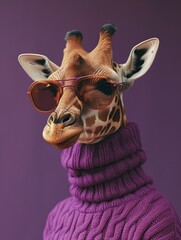 Giraffe in Purple Sweater and Sunglasses
