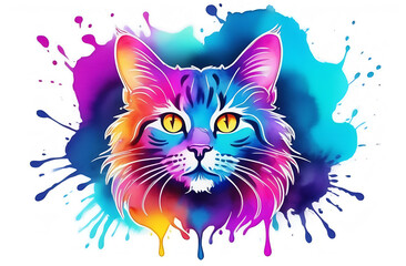 neon logo. portrait of a cat with bright eyes. watercolor style