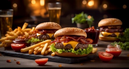 AI generated illustration of delicious hamburgers served with fries and ketchup