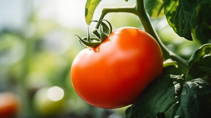 AI generated illustration of a ripe red tomato on a green leafy branch - obrazy, fototapety, plakaty
