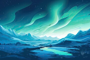 Fototapeta na wymiar beautiful polar lights in mountain winter landscape illustration