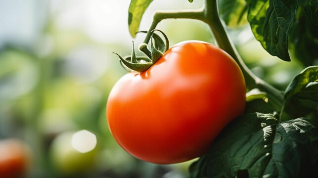 AI generated illustration of a ripe red tomato on a green leafy branch