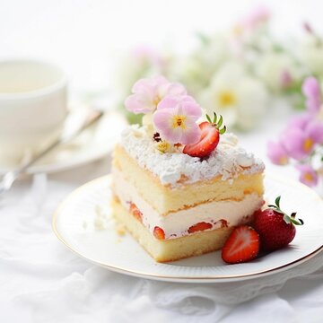 AI generated illustration of a delicious cake with cream and strawberries on the table