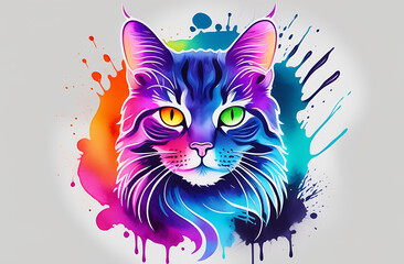neon logo. portrait of a cat with bright eyes. watercolor style