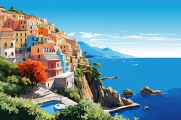 mediterranean landscape in summer illustration - obrazy, fototapety, plakaty