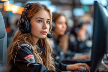 Portrait of a young woman dispatcher in the control room