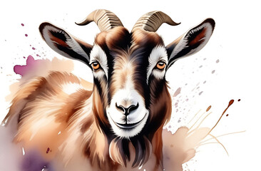Close-up portrait of a brown goat with horns in watercolor style