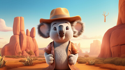 Cartoon koala is dressed in a hat and jacket, showcasing its unique style and personality. Generative AI.
