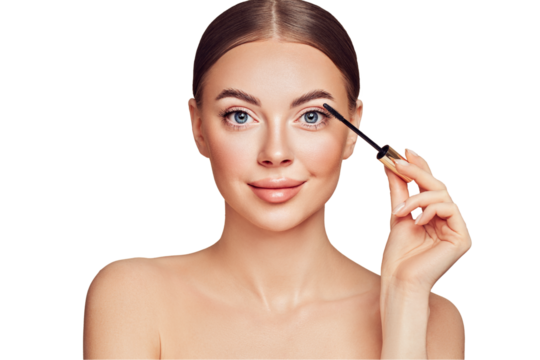 Beauty woman applying black mascara on eyelashes with makeup brush. Eyelash extensions. makeup, cosmetics. beauty, skincare