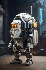 Fototapeta premium Large robotic figure stands illuminated in a dark room, with a set of buttons on its chest