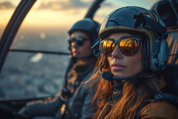 Couple in the cockpit of a helicopter at sunset - obrazy, fototapety, plakaty