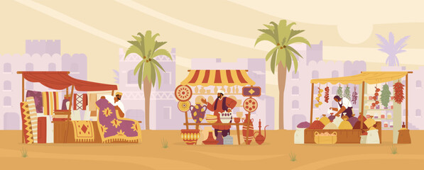 Arabian street bazaar with sellers with carpets, ceramics and spices stalls horizontal banner. Middle Eastern market with ancient city in the desert at the background flat vector illustration. - obrazy, fototapety, plakaty