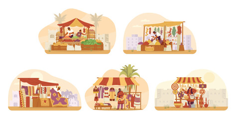 Middle Eastern bazaar scenes with authentic street stalls with sellers and ancient city at the background vector illustrations set. 