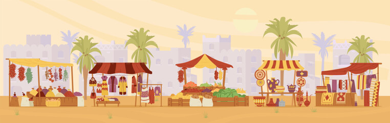 Middle Eastern market with ancient city in the desert at the background flat vector illustration.