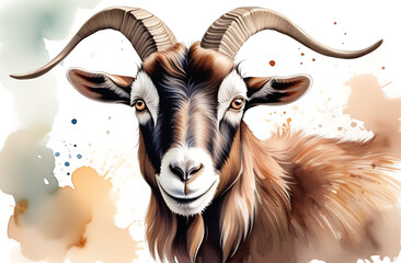 Close-up portrait of a brown goat with horns in watercolor style