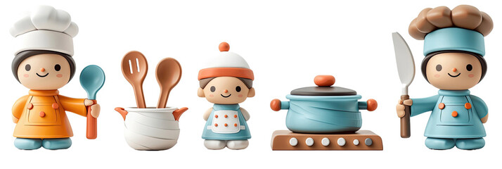 Cartoon chef figures with cooking utensils and a pot on black