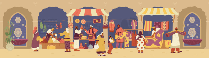 Arabian street bazaar with buyers and sellers with pottery, carpets, clothes and spices stalls vector horizontal banner. Middle Eastern market flat vector illustration.