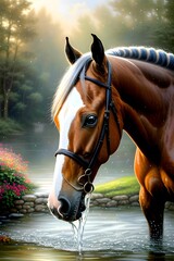 Obraz premium AI generated illustration of a horse with horse head rope, drinking water