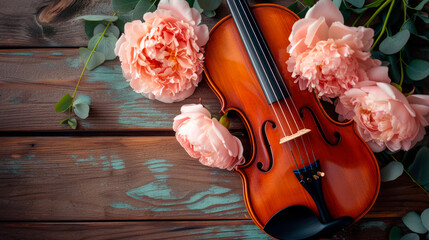 Classic violin music string instrumt with pink peony flowers on old  wooden background. Classical...