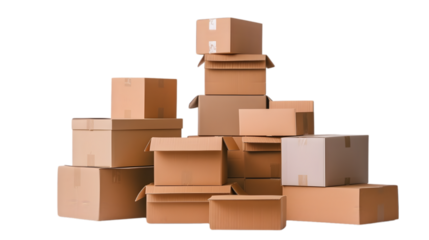 A collection of various sized cardboard boxes stacked haphazardly on a white background. Potential use in moving, storage, and delivery concepts.