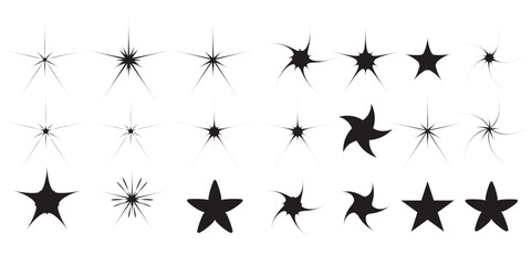 Minimalist silhouette y2k stars icon in black colour, twinkle star shape symbols. Modern geometric elements, shining star icons, abstract sparkle black silhouettes symbol vector set in eps10.