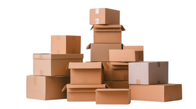 A collection of various sized cardboard boxes stacked haphazardly on a white background. Potential use in moving, storage, and delivery concepts.