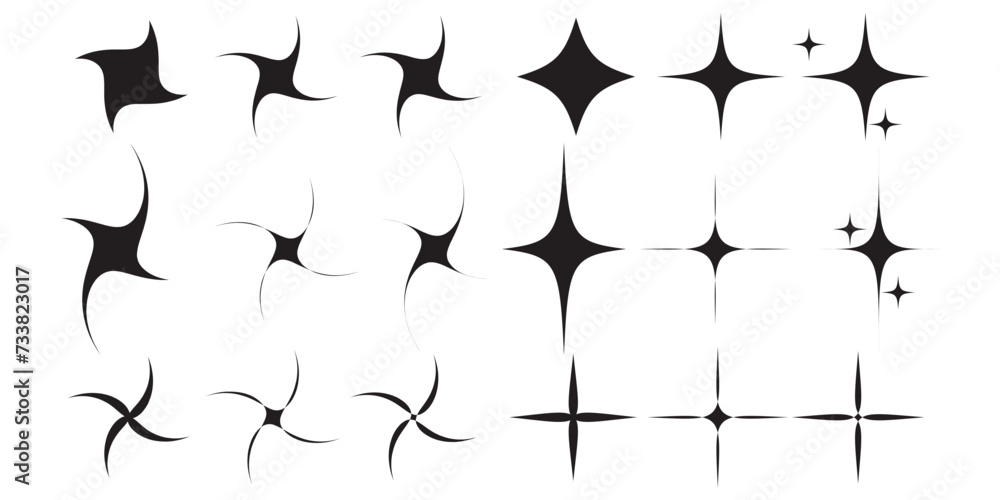 Wall mural Minimalist silhouette y2k stars icon in black colour, twinkle star shape symbols. Modern geometric elements, shining star icons, abstract sparkle black silhouettes symbol vector set in eps10.